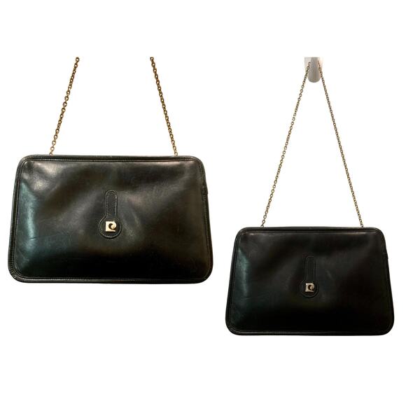 70s MOD Pierre Cardin Black Leather Shoulder Bag Gold Logo & Chain - Picture 4 of 10